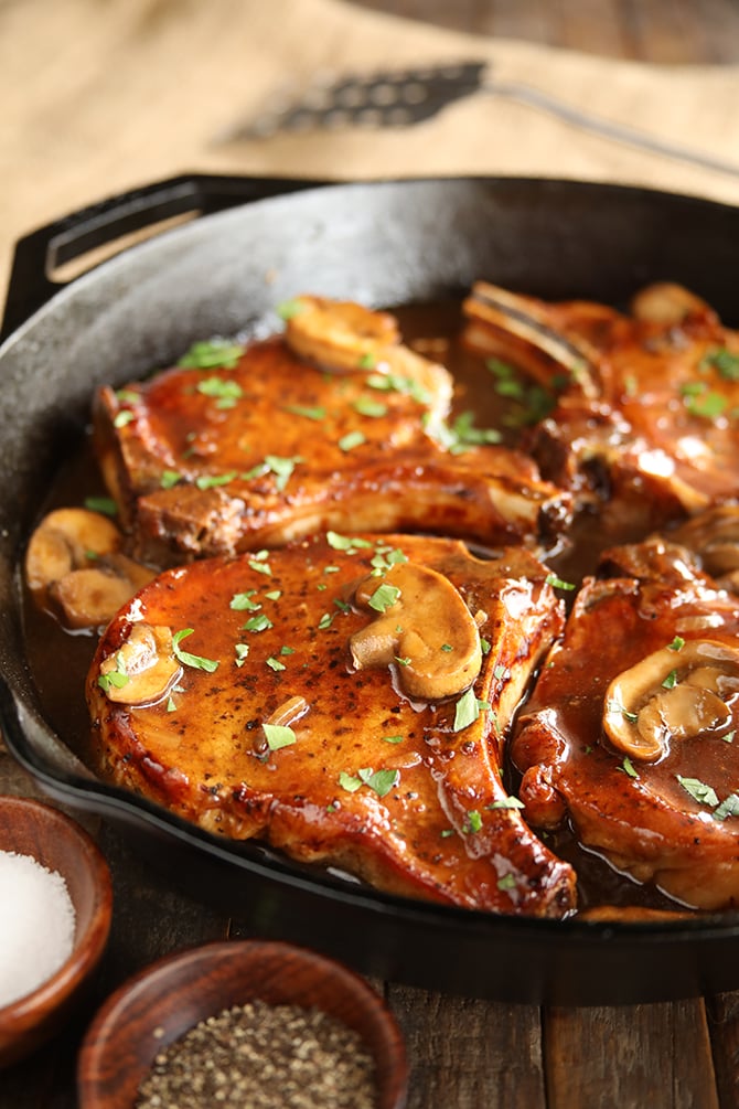 Skillet Chops with French Onion Gravy in cast iron skillet