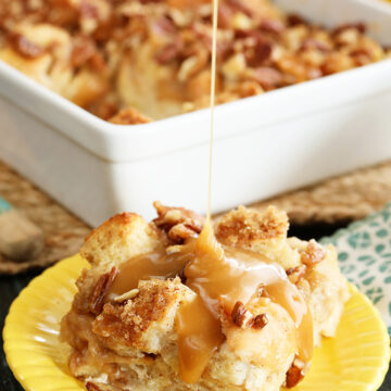 Humming Bird Bread Pudding on serving dish with drizzle on top