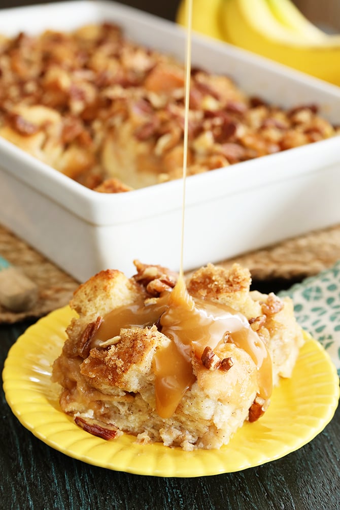 Humming Bird Bread Pudding on serving dish with drizzle on top