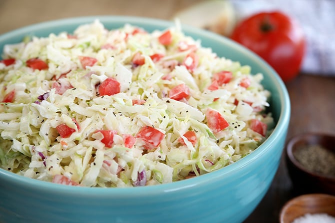 Pepper Sauce Cole Slaw in blue bowl