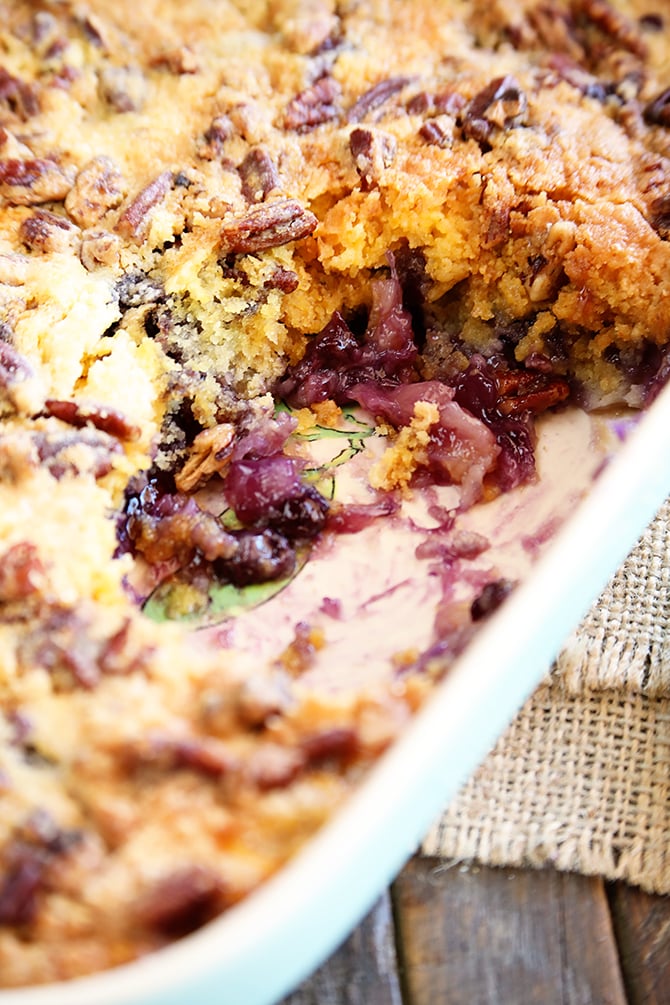 Pineapple Blueberry Dump Cake with serving missing