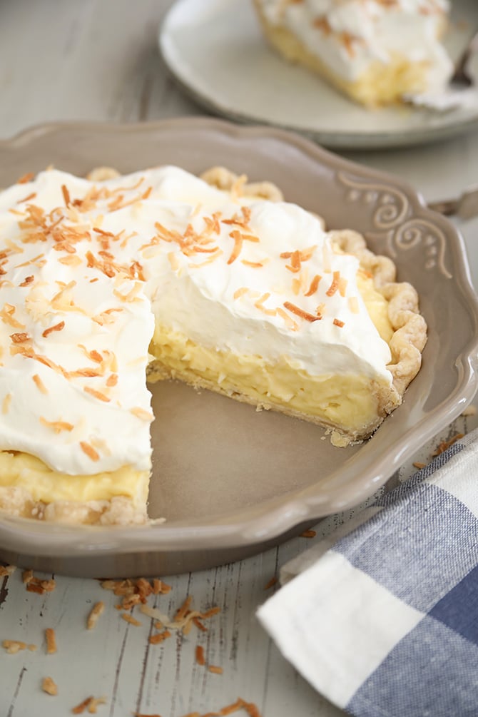 Coconut Cream Pie with missing slice