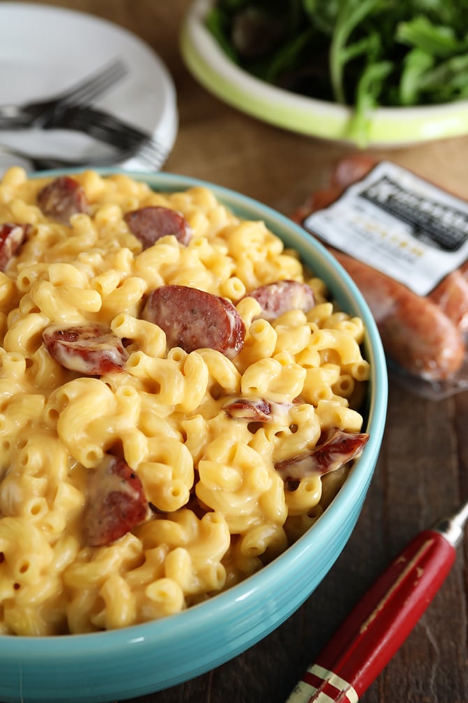 Creamy Smoked Sausage Mac and Cheese with package of sausage in background