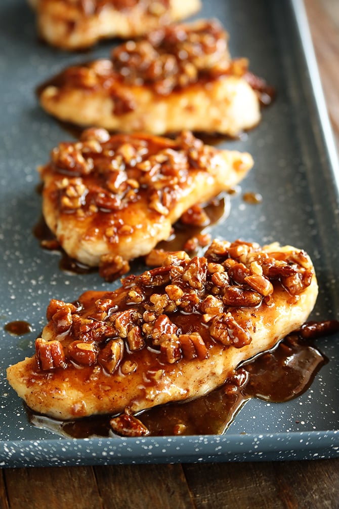 Honey Garlic Pecan chicken on baking pan