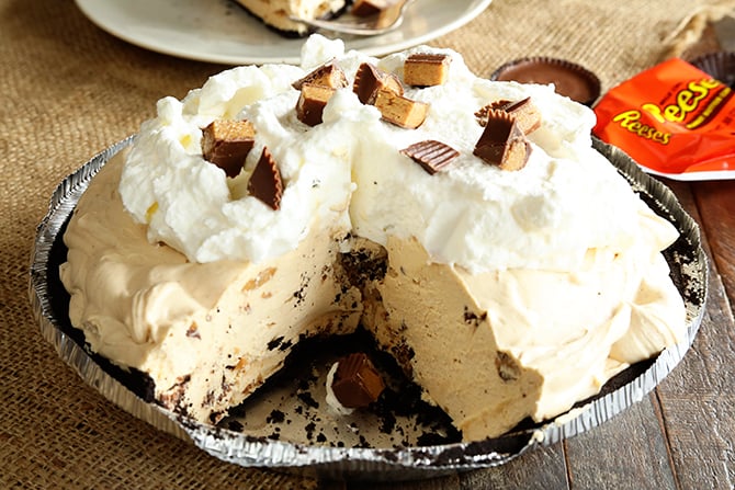 Peanut Butter Cup Pie with candy in background
