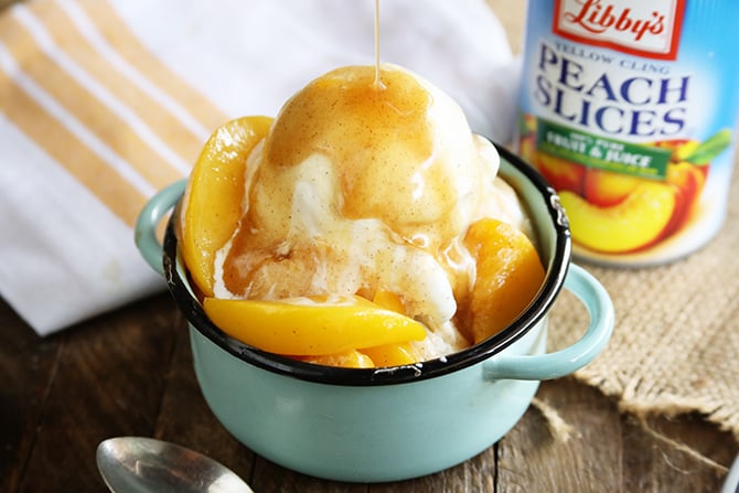 Brown Sugar Peach Sauce served in blow with canned peaches in the background