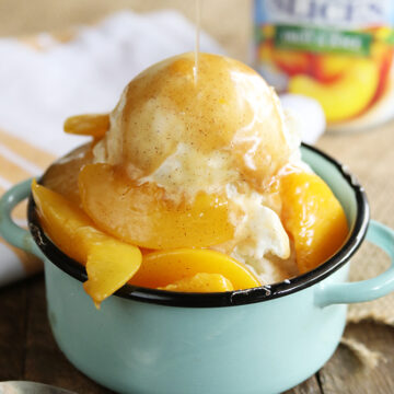 Brown Sugar Peach Sauce Served in Peaches and Ice Cream.