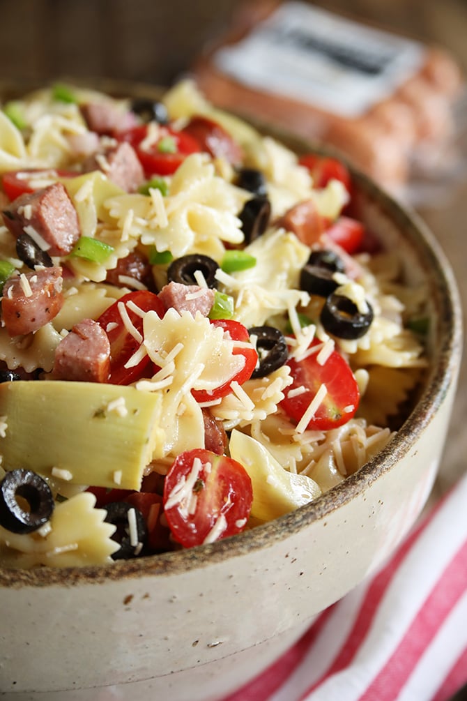 Kitchen Sink Pasta Salad with close photo