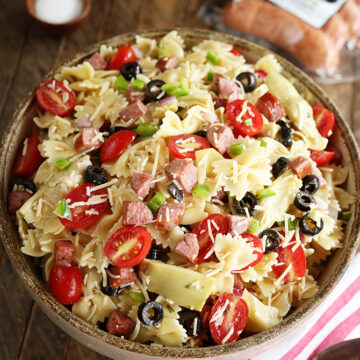 Kitchen Sink Pasta Salad with package of sausage in the backgroud