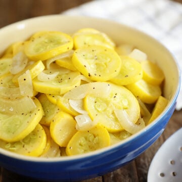 Old School Squash and Onions Served in a Blue Bowl.
