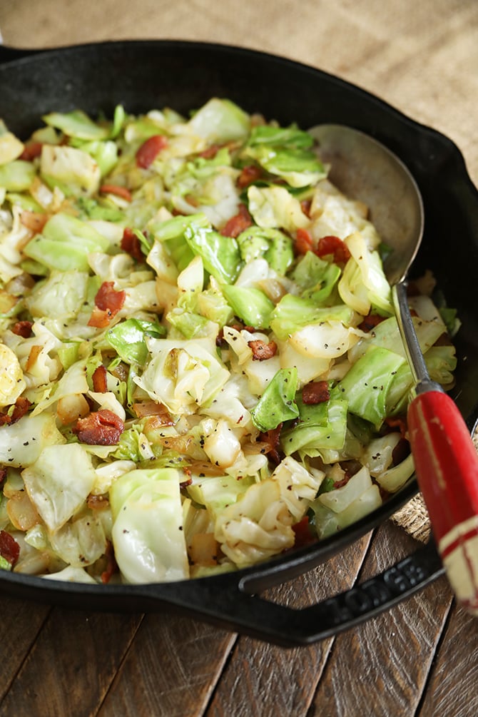 Southern fried cabbage in cast iron skillet