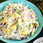 Pineapple slaw in serving bowl closer photo