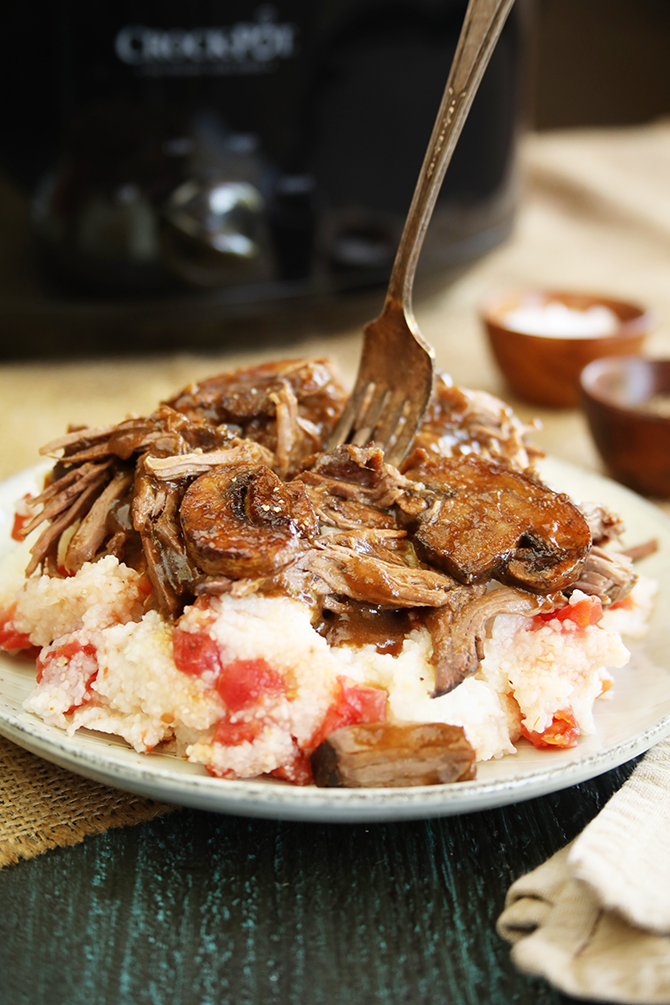 Slow cooker pot roast and tomato grits for Pinterest