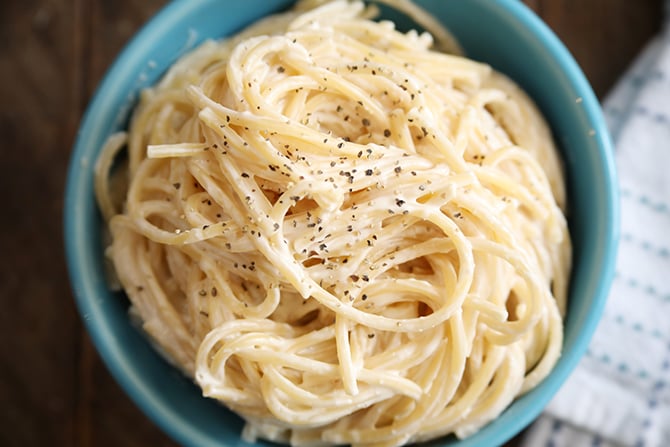 Cream Cheese Noodles in blue bowl