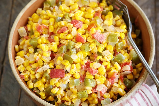Easy Maque Choux served in bowl close photo