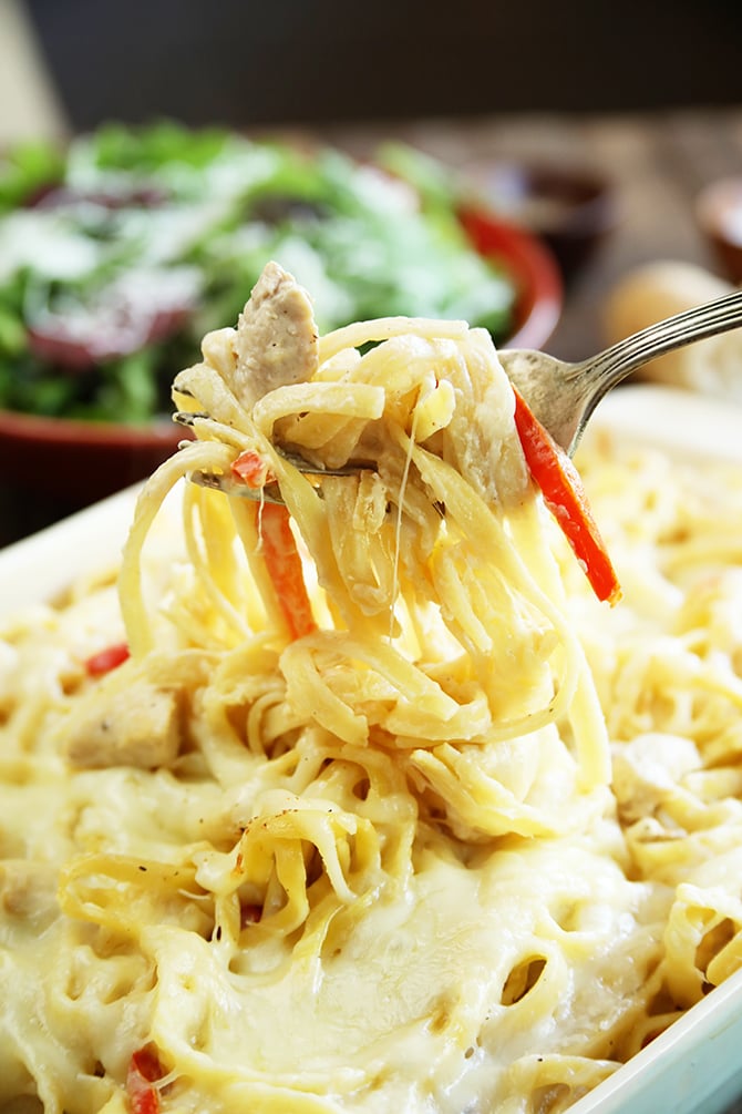 Ultimate Baked Alfredo close up photo on fork