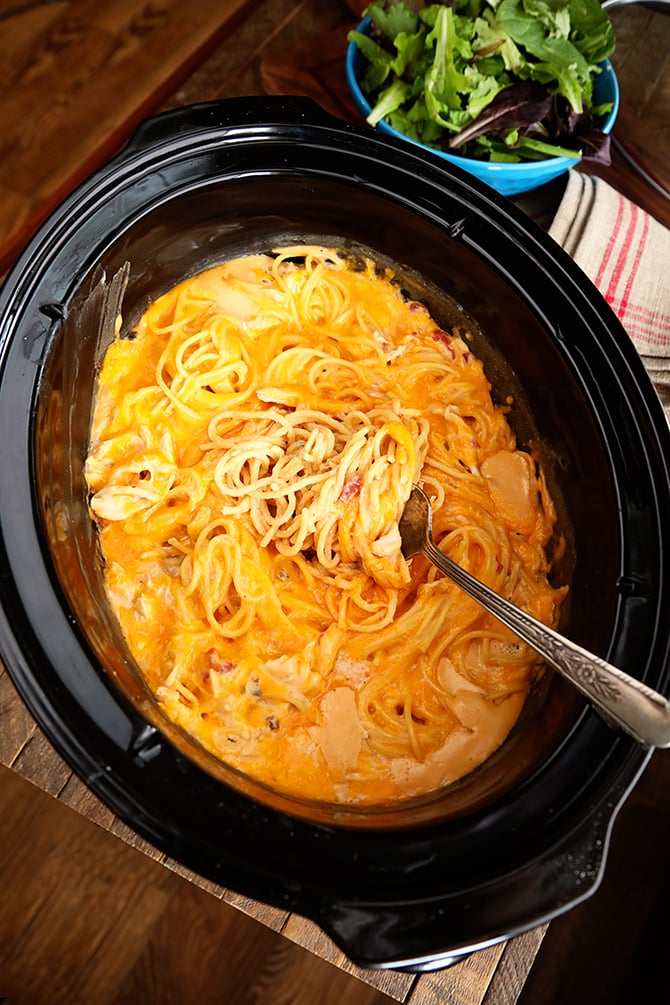 Crock Pot Chicken Spaghetti in pot photo from above