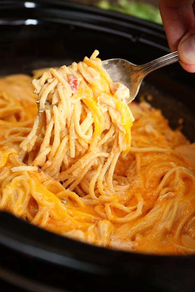 Crock Pot Chicken Spaghetti served with fork