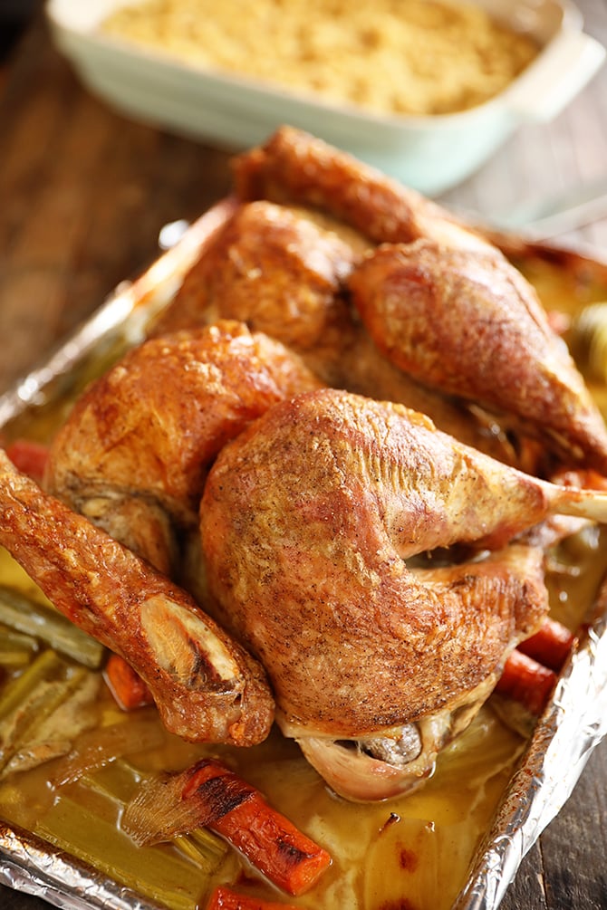 Juicy-Spatchcock Turkey baked with vegetables