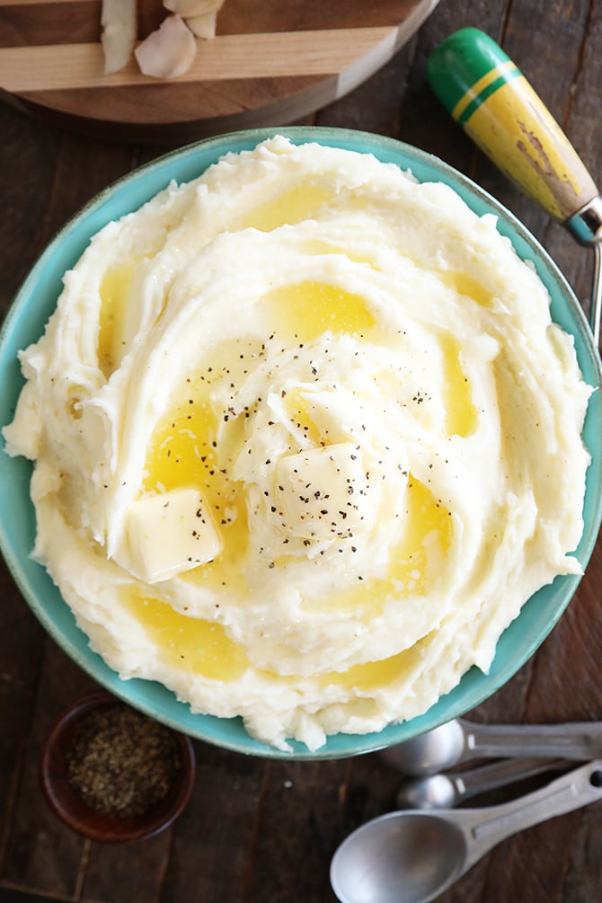 Top view of Mashed Potatoes with butter and black pepper