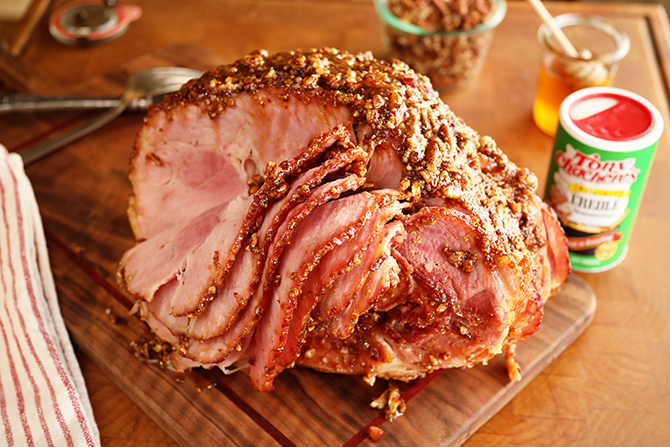 Creole Pecan Ham slices on serving dish