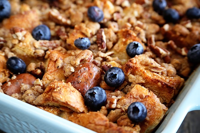 French Toast and Sausage Casserole topped with blue berries