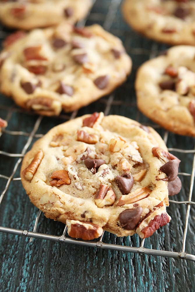 Chocolate Chip Toffee Pecan Cookies on cooling rack