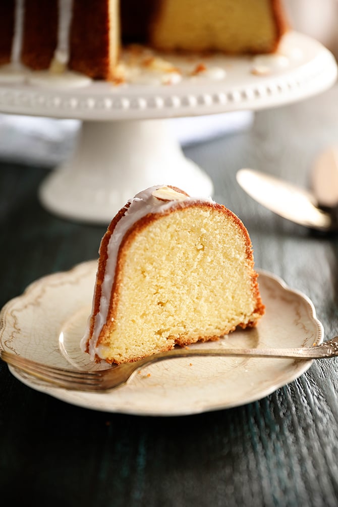 Slice of Almond Pound Cake with fork