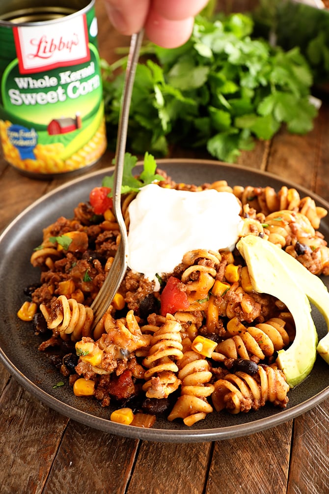 One Pan Taco Pasta with sourcream