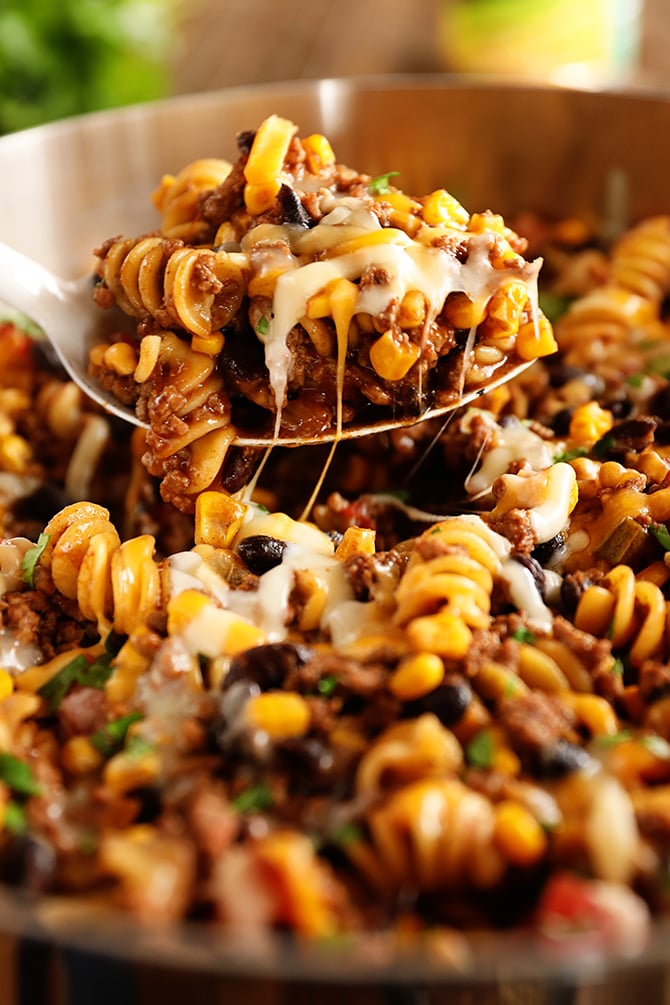 One Pan Taco Pasta served with spoon