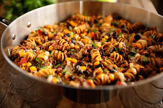 One Pan Taco Pasta in skillet