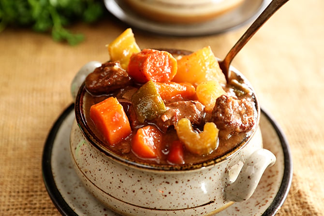 Bowl of Slow Cooker Creole Beef Strew