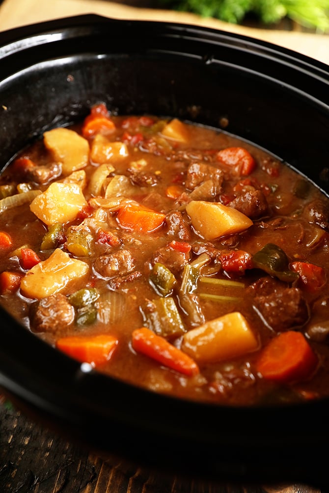 Slow Cooker Cerole Beef Stew in slow cooker