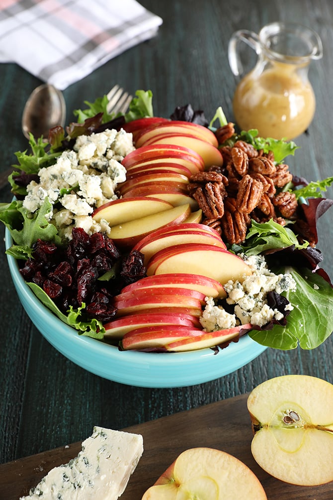 Apple Pecan salad with apples and cheese on side