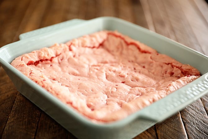 Strawberry brownies in baking pan