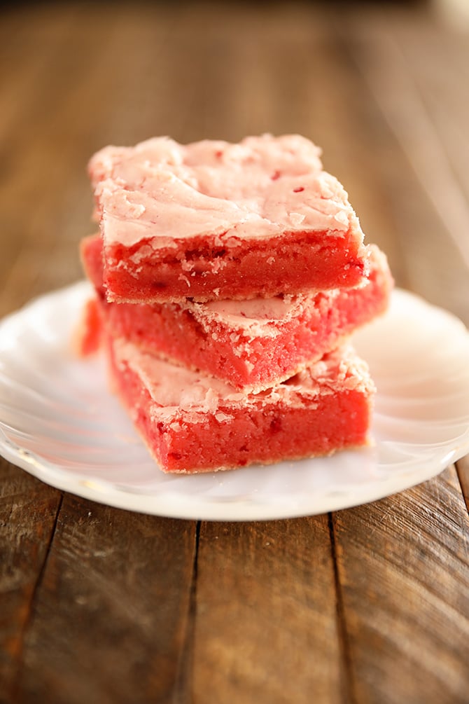 Stacked Strawberry Brownies on white plate