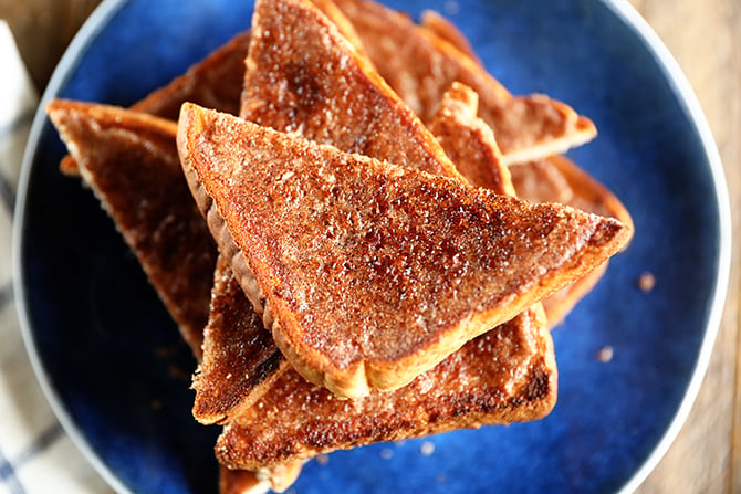 Overhead shot of Cinnamon Toast on a blue plate
