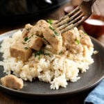 Pork tips served over rice