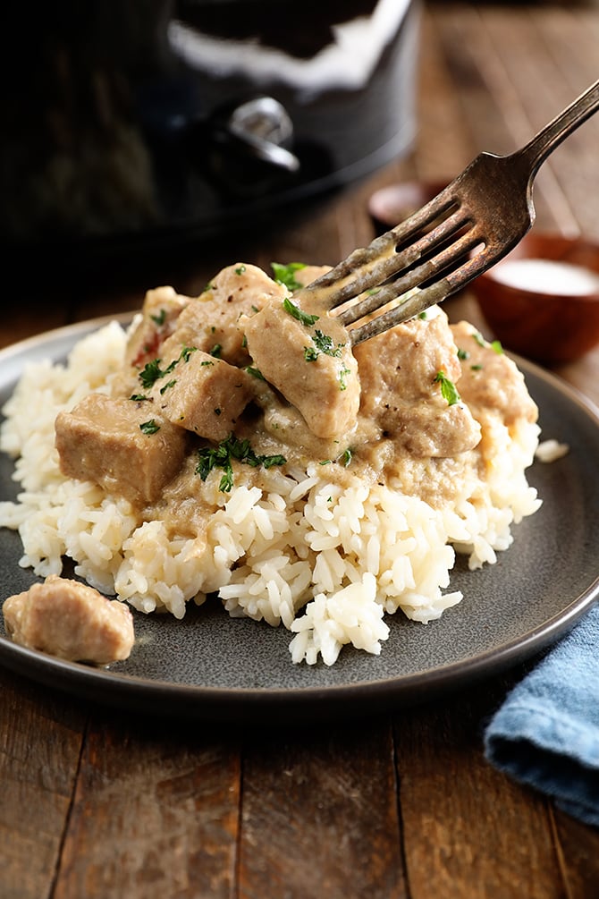 Pork tips served over rice