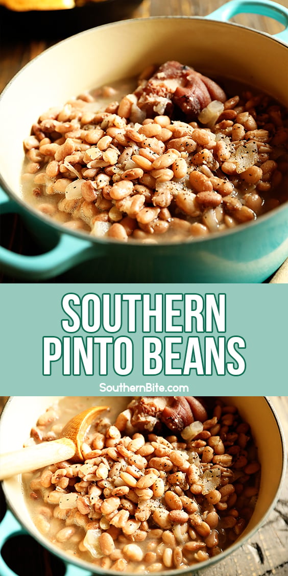 Pot of slow cooked pinto beans for pinterest