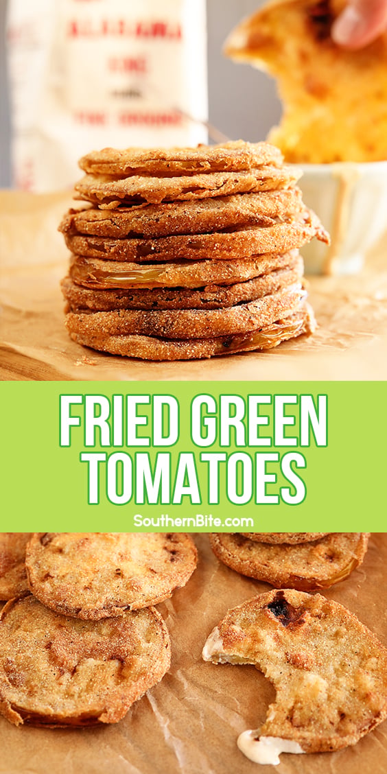Stack of fried green tomatoes for Pinterest