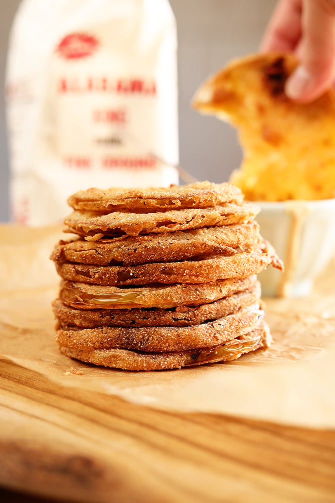 Stack of fried green tomatoes with remoulade