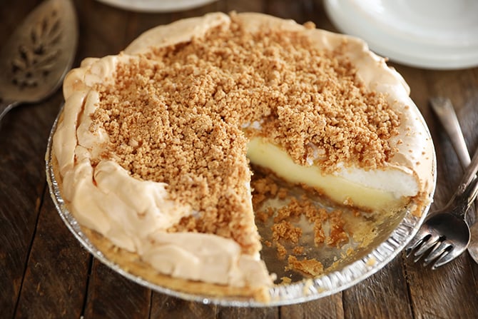 Peanut Butter Meringue Pie with slice missing