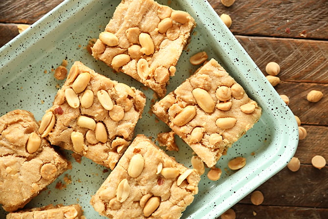 Chewy peanut Butter Cookie Bars on green tray