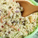 Dill Pickle Coleslaw with wooden spoon.