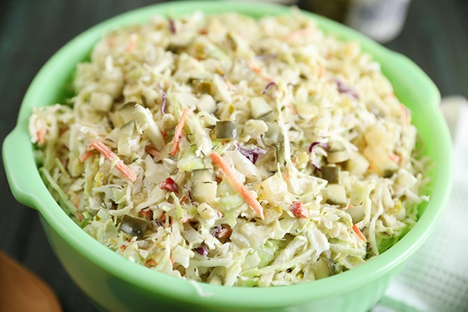 Dill Pickle Coleslaw in a green bowl