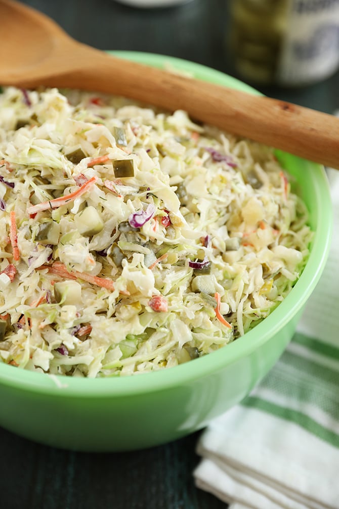 Dill Pickle Coleslaw in a green bowl