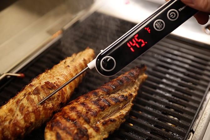 Meat thermometer inserted in pork tenderloin