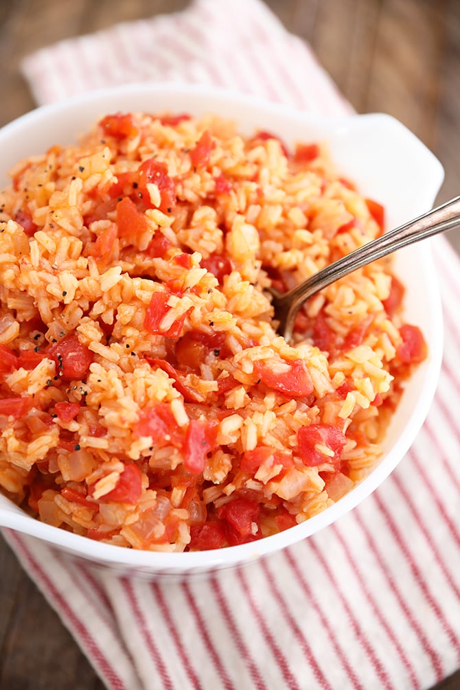 Overhead shot of Tomatoes and Rice in white bowl