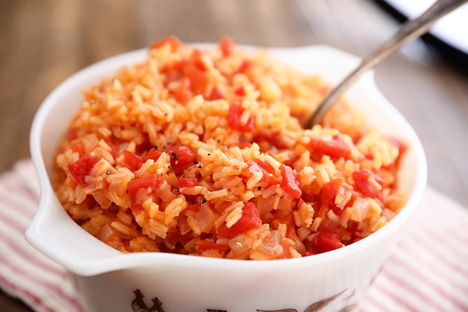 Tomatoes and Rice in a white bowl